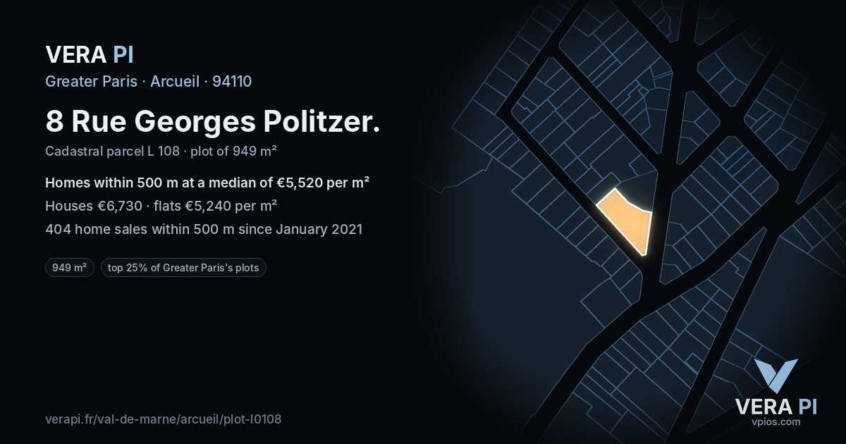 8 Rue Georges Politzer, Arcueil at night – the plot lit, the parcels around coloured by the prices near them