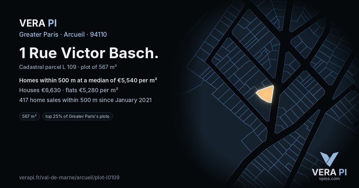 1 Rue Victor Basch, Arcueil at night – the plot lit, the parcels around coloured by the prices near them
