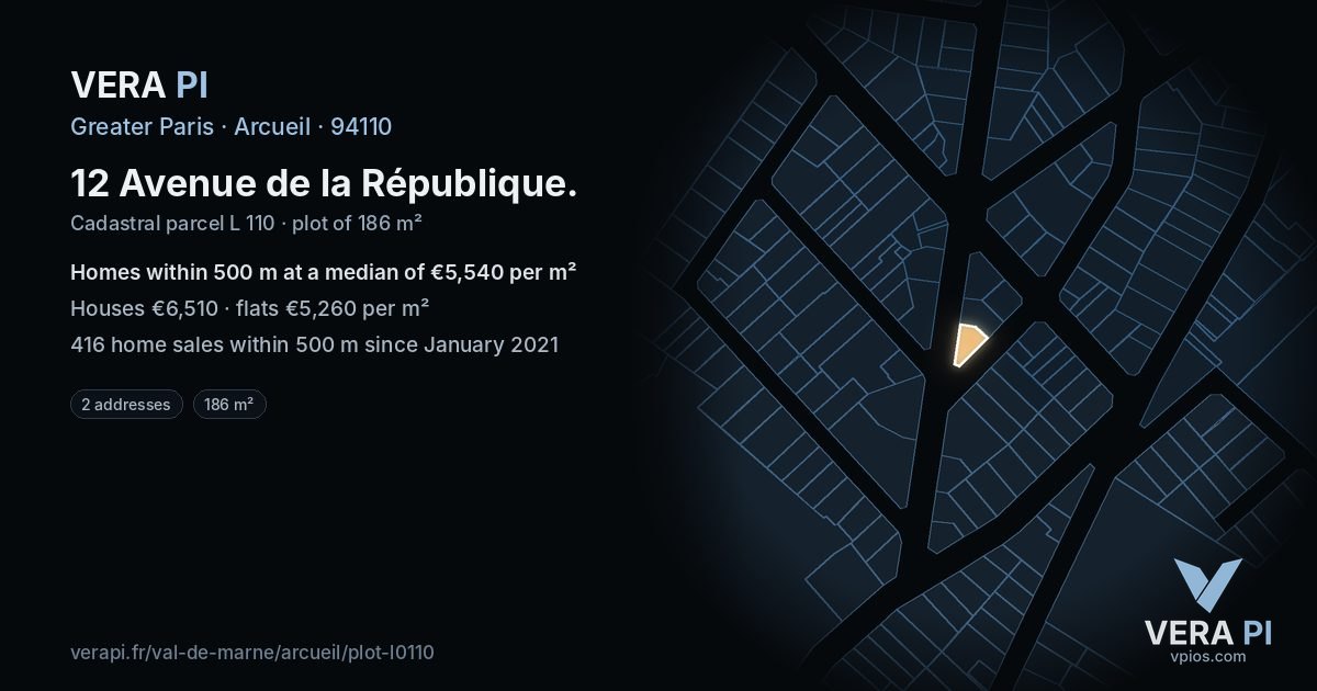 12 Avenue de la République, Arcueil at night – the plot lit, the parcels around coloured by the prices near them