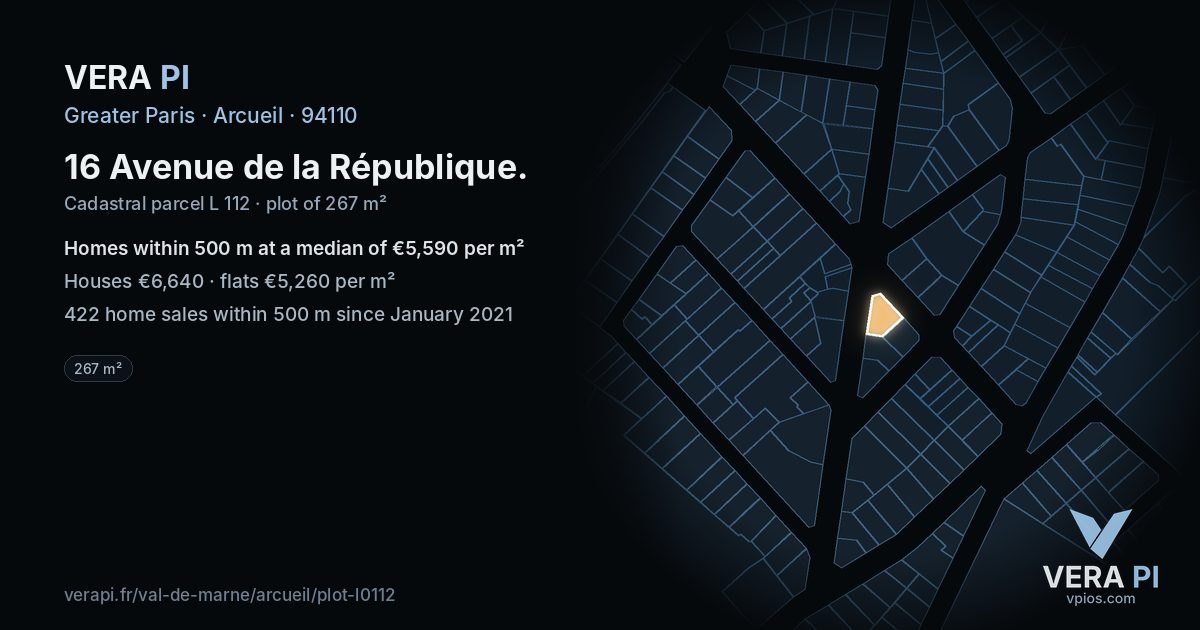 16 Avenue de la République, Arcueil at night – the plot lit, the parcels around coloured by the prices near them