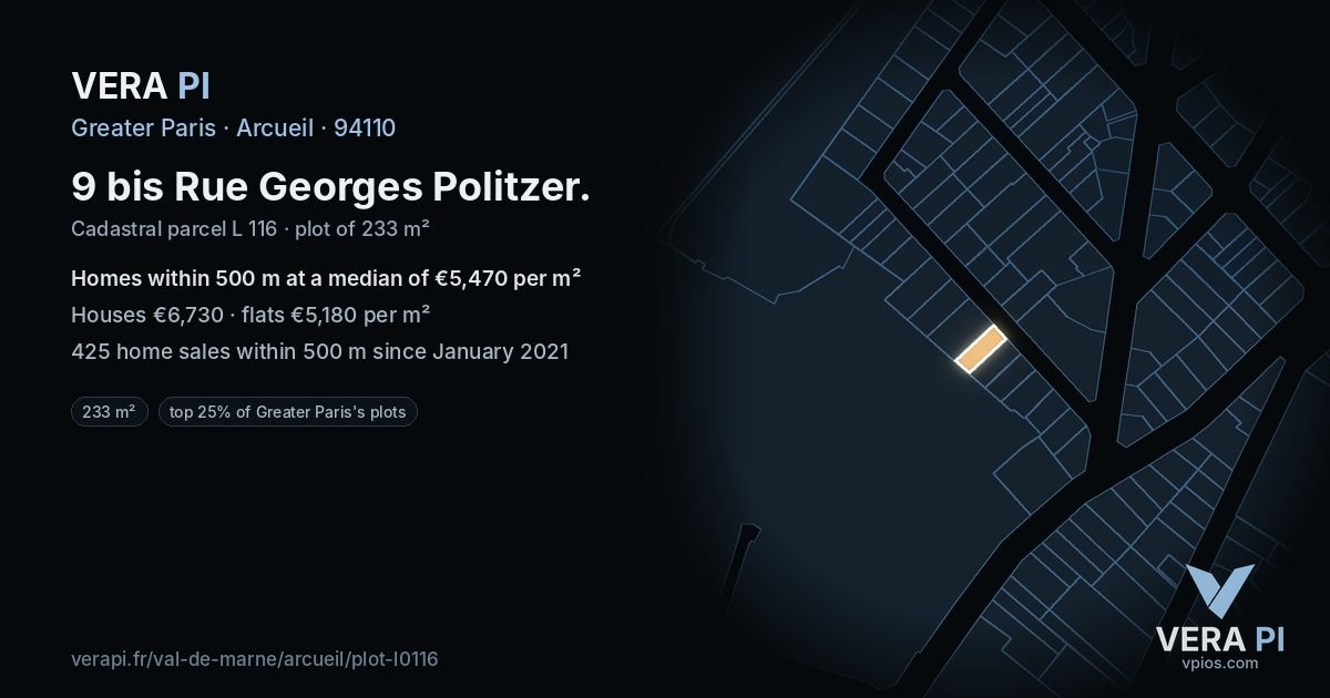 9 bis Rue Georges Politzer, Arcueil at night – the plot lit, the parcels around coloured by the prices near them