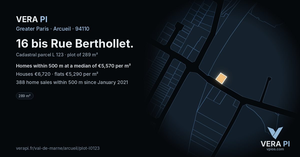 16 bis Rue Berthollet, Arcueil at night – the plot lit, the parcels around coloured by the prices near them