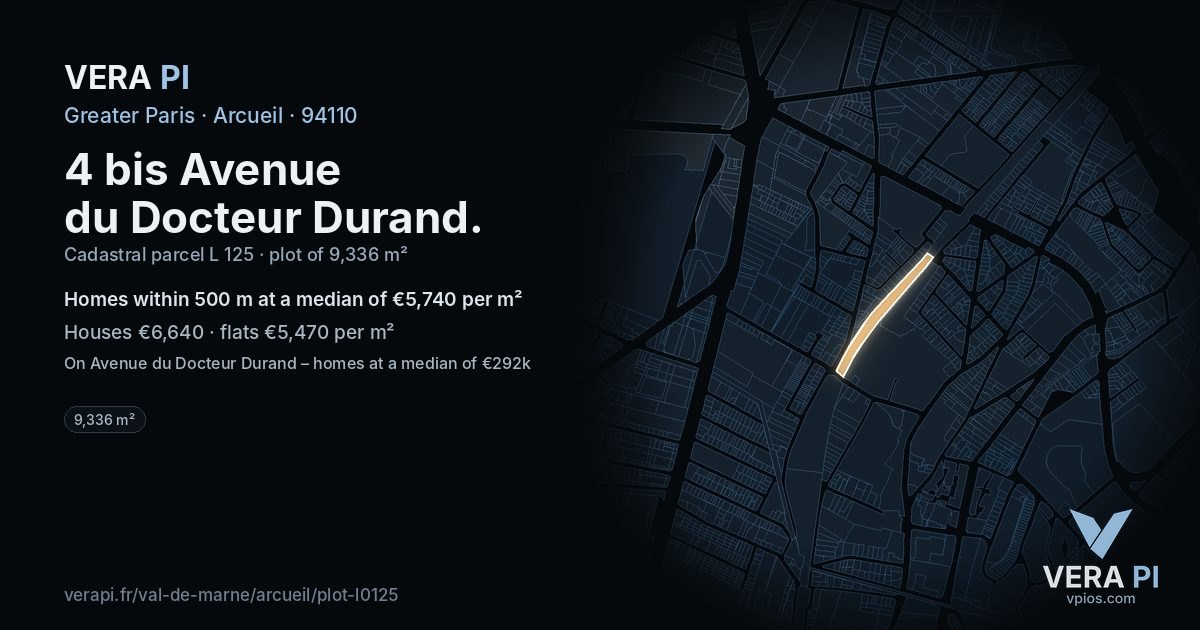 4 bis Avenue du Docteur Durand, Arcueil at night – the plot lit, the parcels around coloured by the prices near them