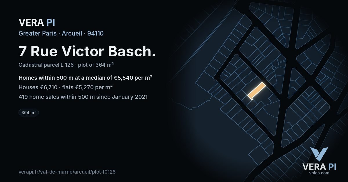 7 Rue Victor Basch, Arcueil at night – the plot lit, the parcels around coloured by the prices near them
