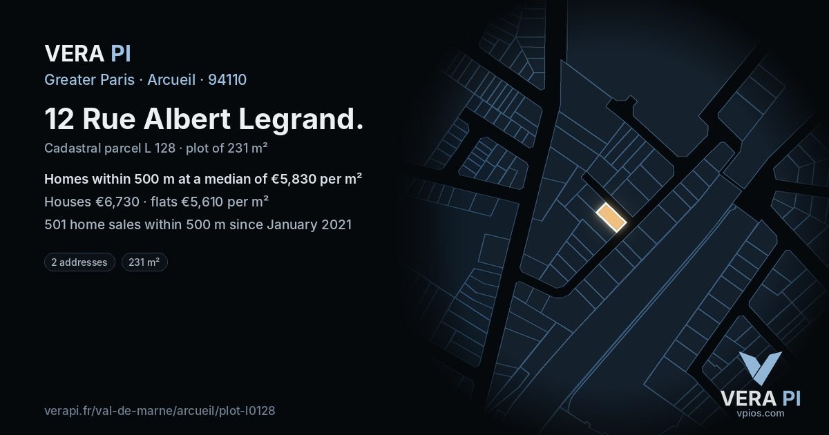 12 Rue Albert Legrand, Arcueil at night – the plot lit, the parcels around coloured by the prices near them