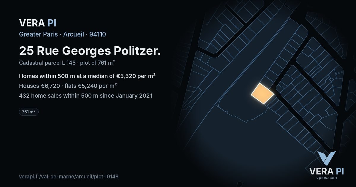 25 Rue Georges Politzer, Arcueil at night – the plot lit, the parcels around coloured by the prices near them