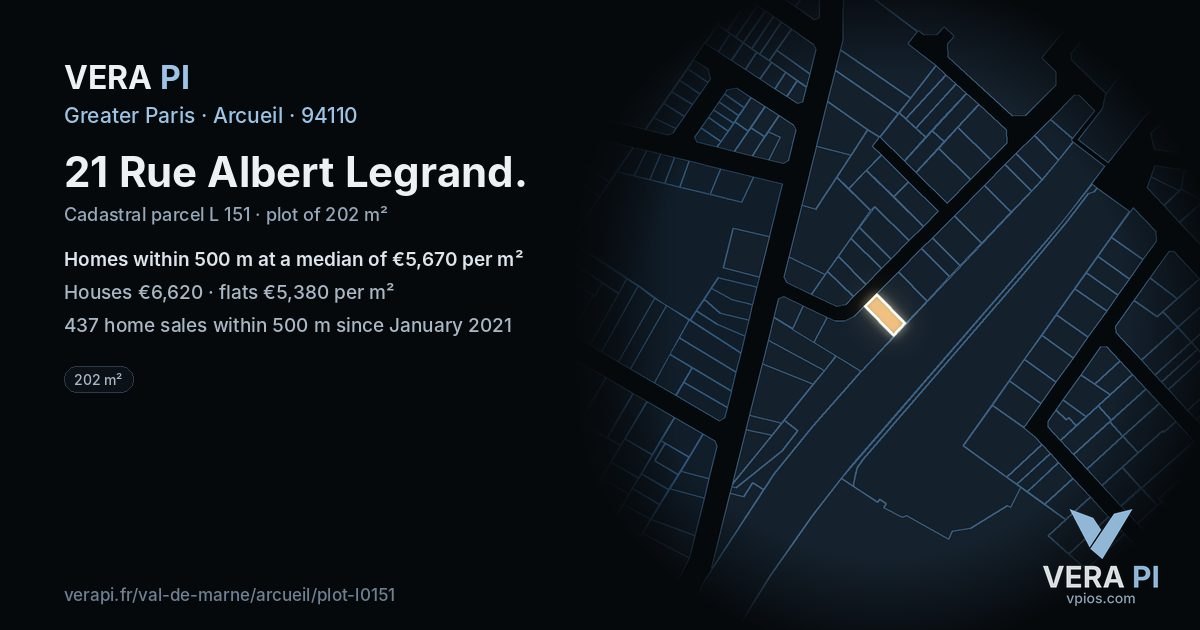 21 Rue Albert Legrand, Arcueil at night – the plot lit, the parcels around coloured by the prices near them