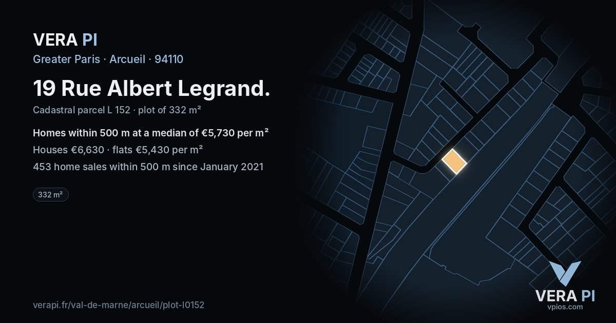 19 Rue Albert Legrand, Arcueil at night – the plot lit, the parcels around coloured by the prices near them