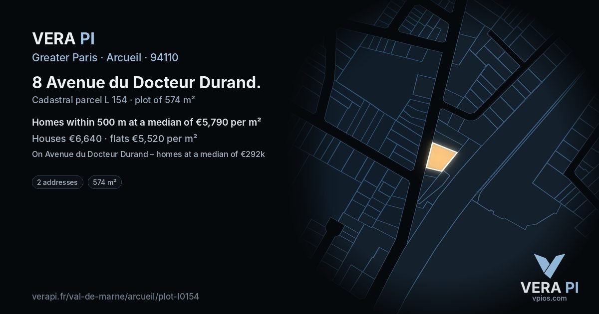 8 Avenue du Docteur Durand, Arcueil at night – the plot lit, the parcels around coloured by the prices near them