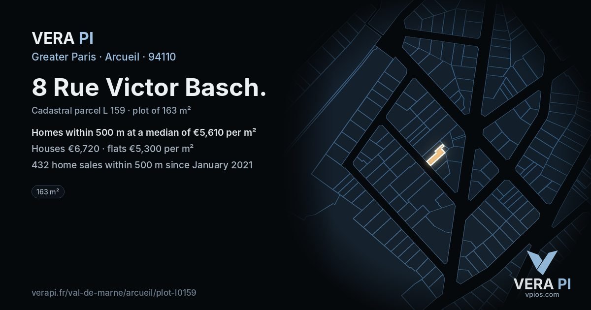 8 Rue Victor Basch, Arcueil at night – the plot lit, the parcels around coloured by the prices near them