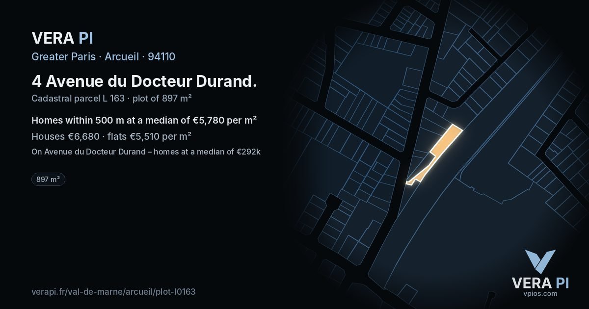 4 Avenue du Docteur Durand, Arcueil at night – the plot lit, the parcels around coloured by the prices near them