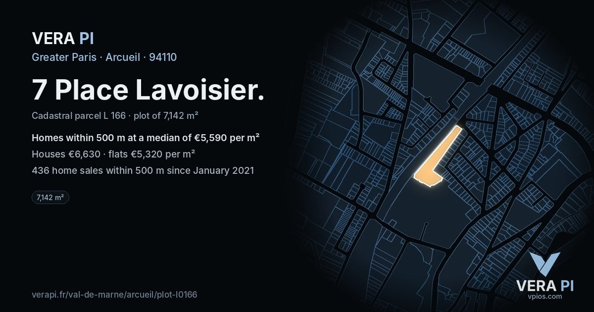 7 Place Lavoisier, Arcueil at night – the plot lit, the parcels around coloured by the prices near them