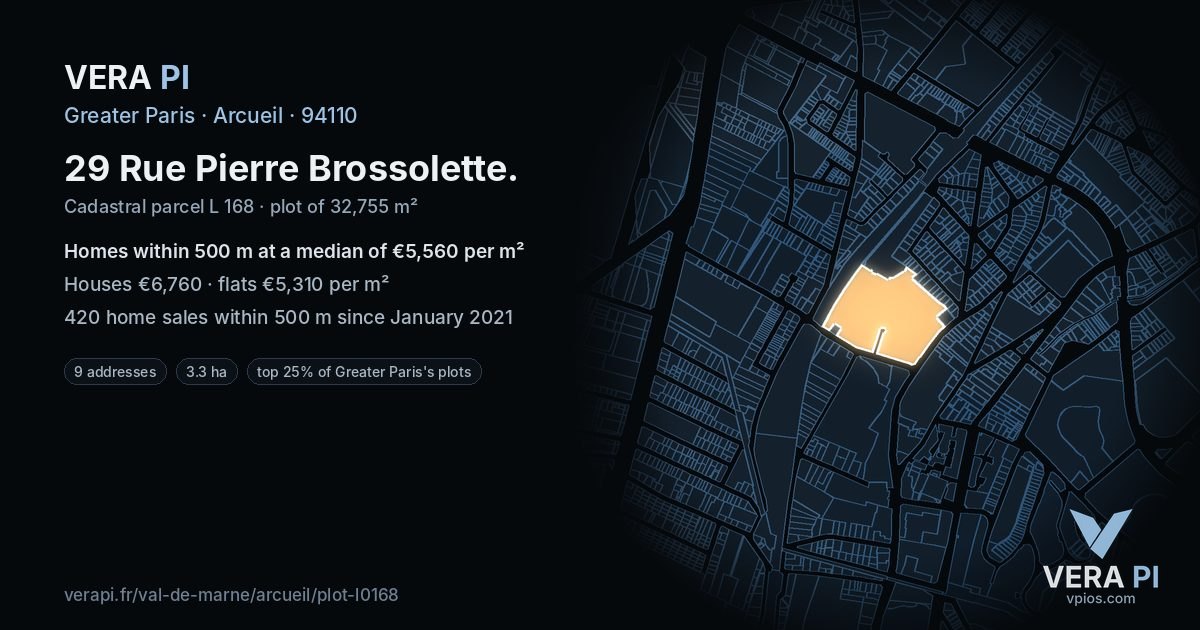 29 Rue Pierre Brossolette, Arcueil at night – the plot lit, the parcels around coloured by the prices near them