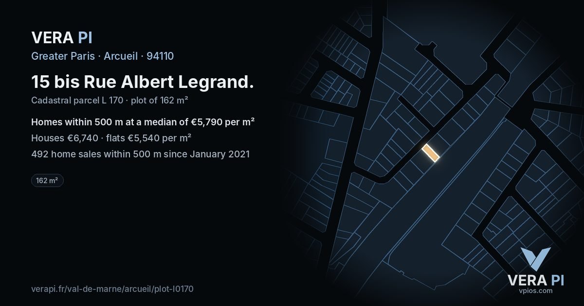 15 bis Rue Albert Legrand, Arcueil at night – the plot lit, the parcels around coloured by the prices near them