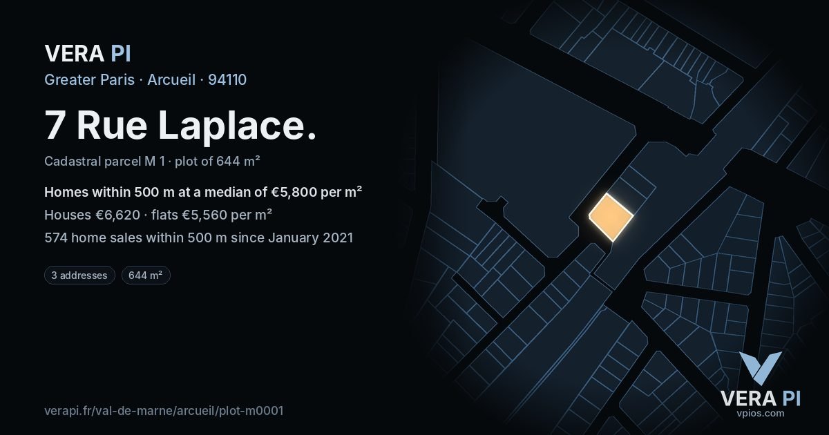7 Rue Laplace, Arcueil at night – the plot lit, the parcels around coloured by the prices near them