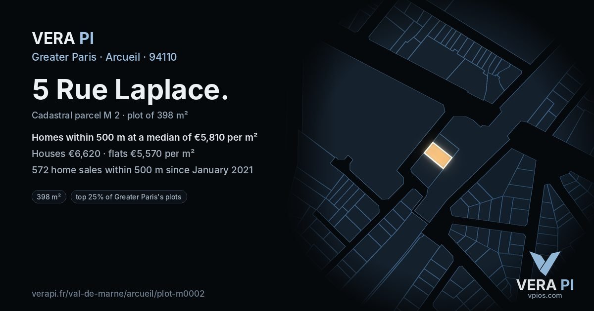 5 Rue Laplace, Arcueil at night – the plot lit, the parcels around coloured by the prices near them
