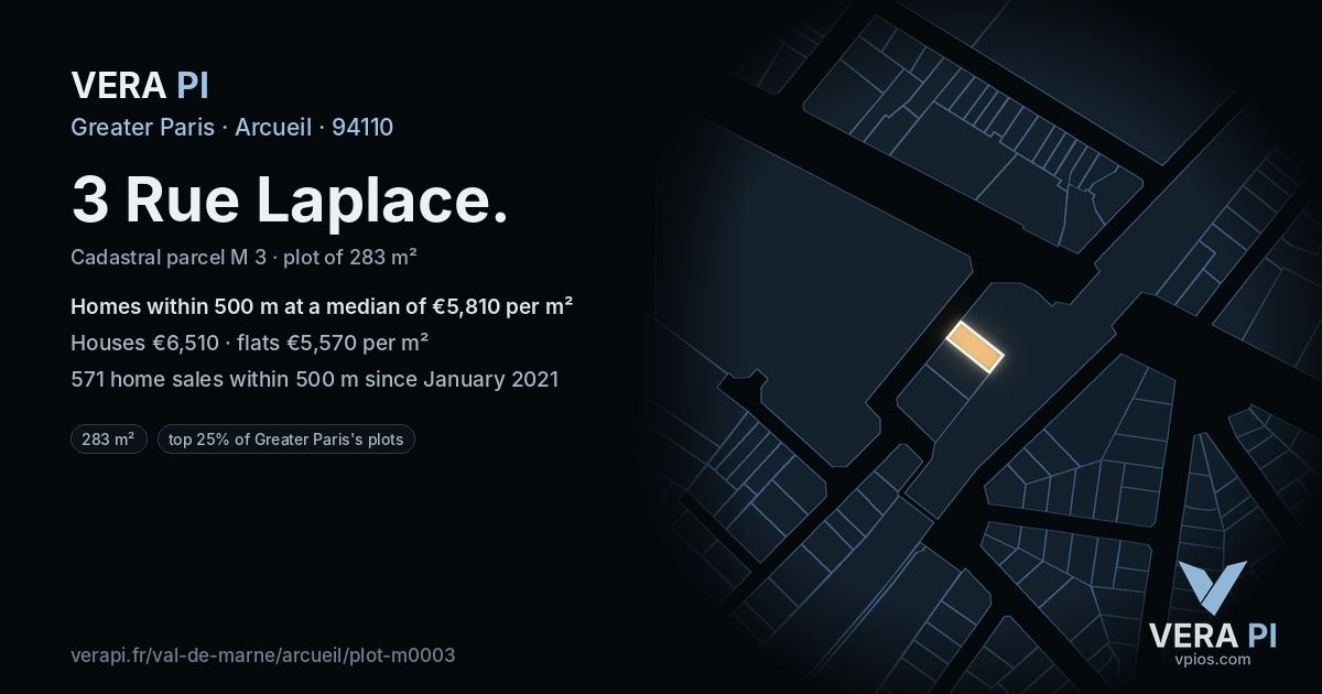 3 Rue Laplace, Arcueil at night – the plot lit, the parcels around coloured by the prices near them