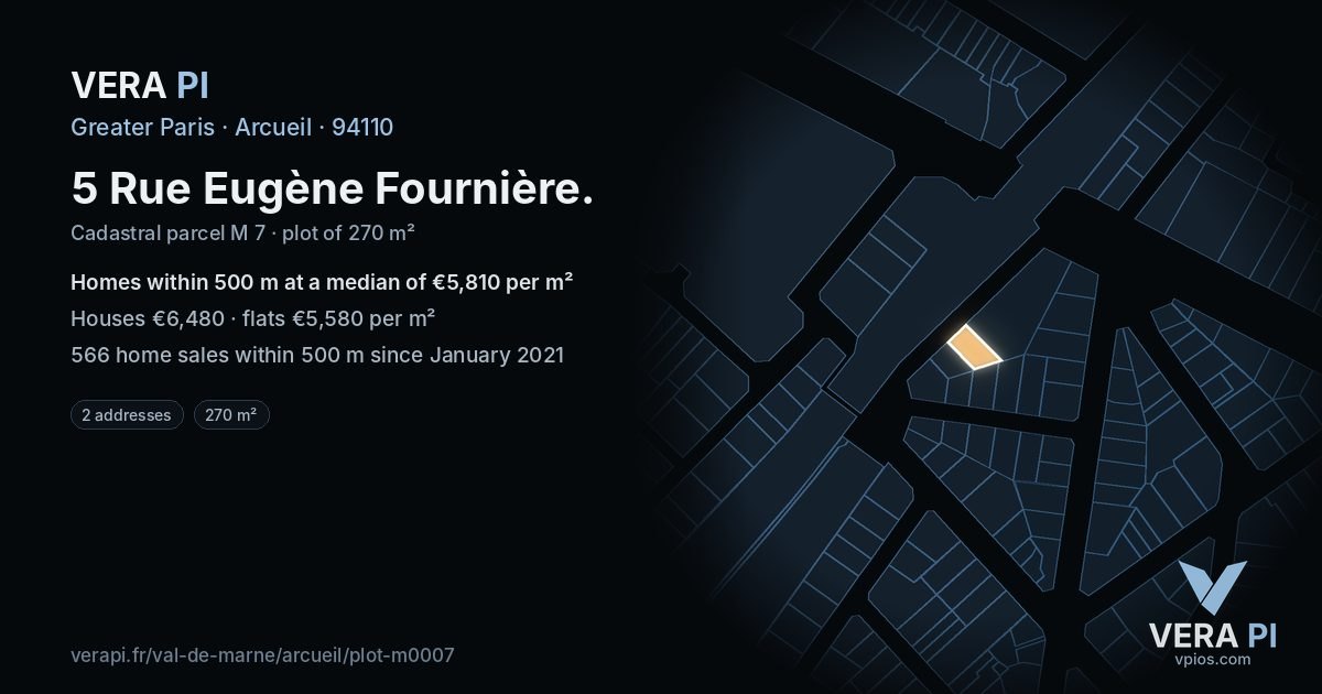 5 Rue Eugène Fournière, Arcueil at night – the plot lit, the parcels around coloured by the prices near them