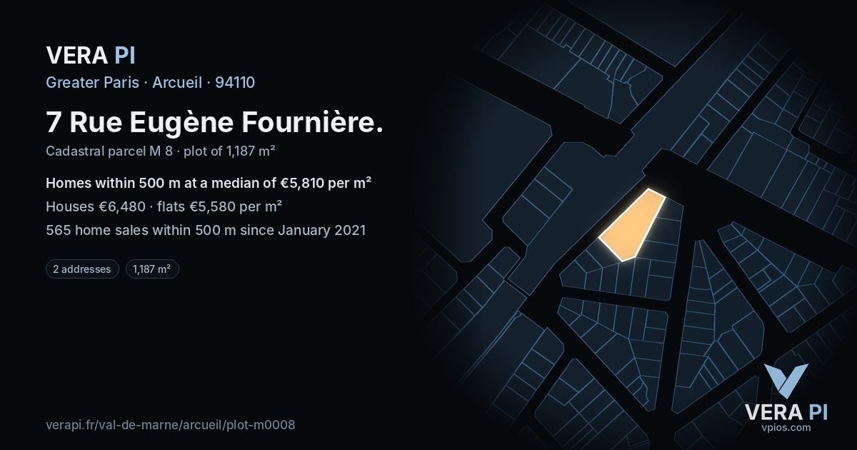 7 Rue Eugène Fournière, Arcueil at night – the plot lit, the parcels around coloured by the prices near them