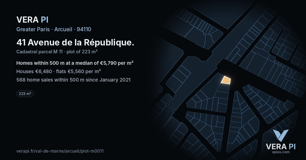 41 Avenue de la République, Arcueil at night – the plot lit, the parcels around coloured by the prices near them