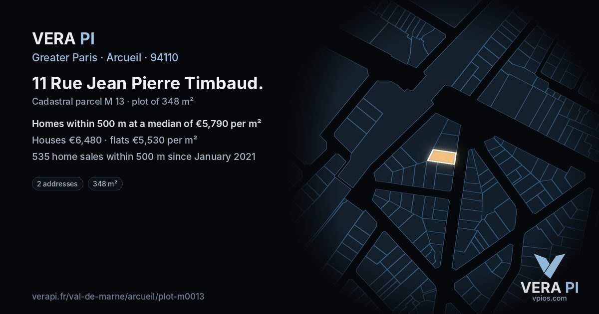 11 Rue Jean Pierre Timbaud, Arcueil at night – the plot lit, the parcels around coloured by the prices near them