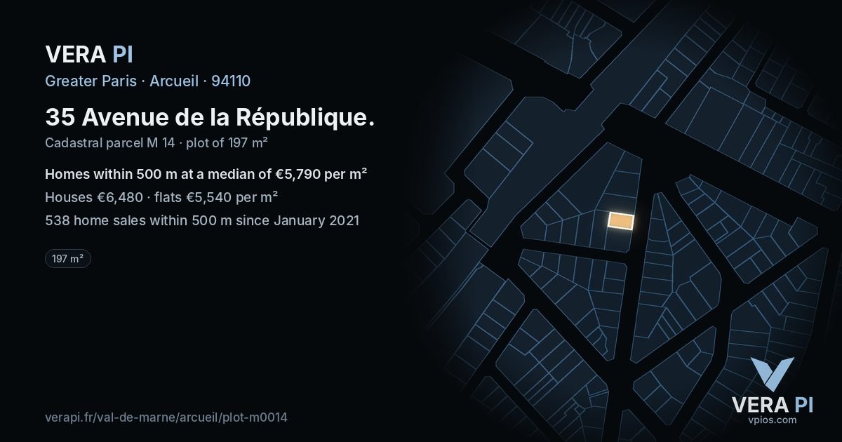 35 Avenue de la République, Arcueil at night – the plot lit, the parcels around coloured by the prices near them