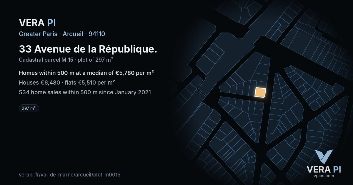 33 Avenue de la République, Arcueil at night – the plot lit, the parcels around coloured by the prices near them