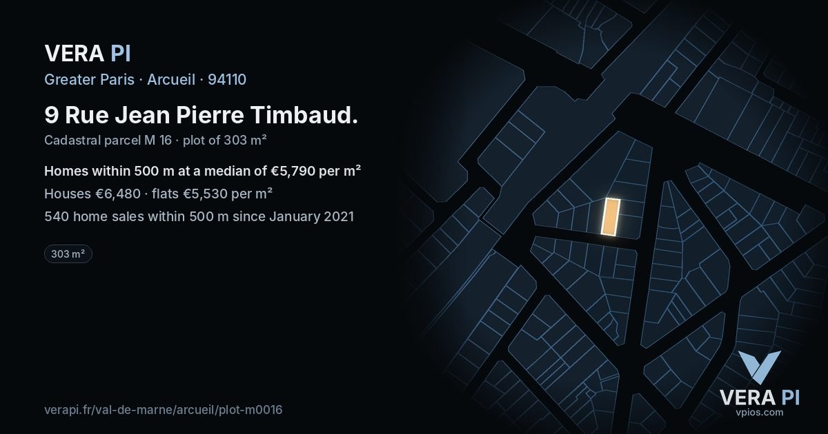 9 Rue Jean Pierre Timbaud, Arcueil at night – the plot lit, the parcels around coloured by the prices near them