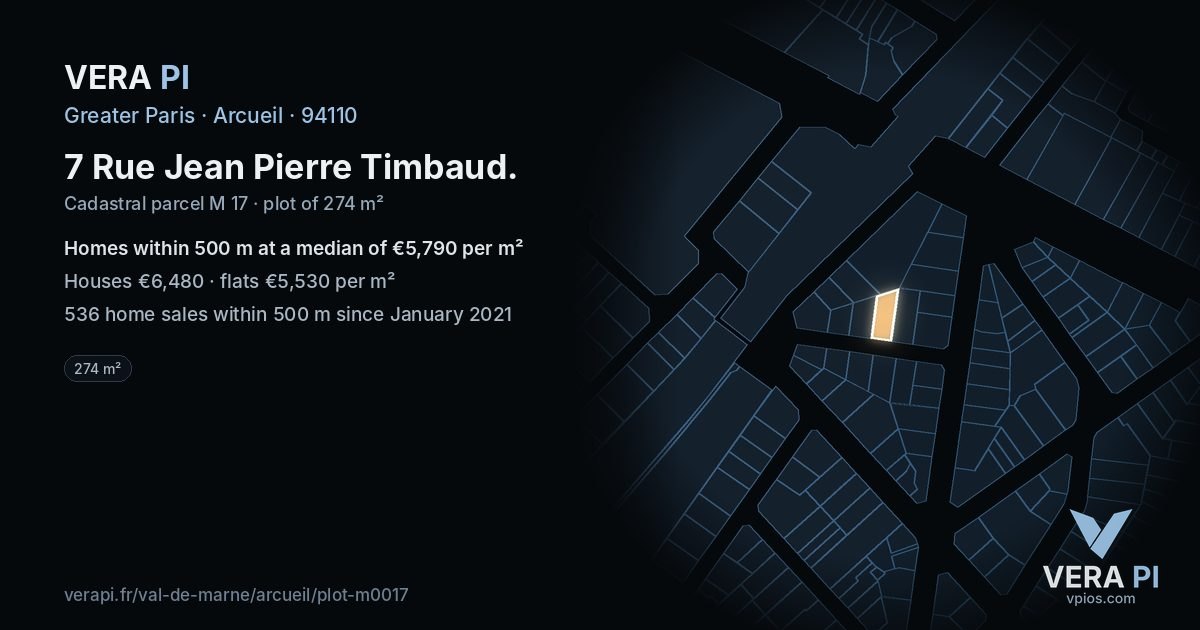 7 Rue Jean Pierre Timbaud, Arcueil at night – the plot lit, the parcels around coloured by the prices near them