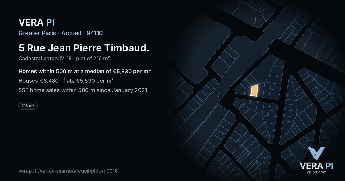 5 Rue Jean Pierre Timbaud, Arcueil at night – the plot lit, the parcels around coloured by the prices near them