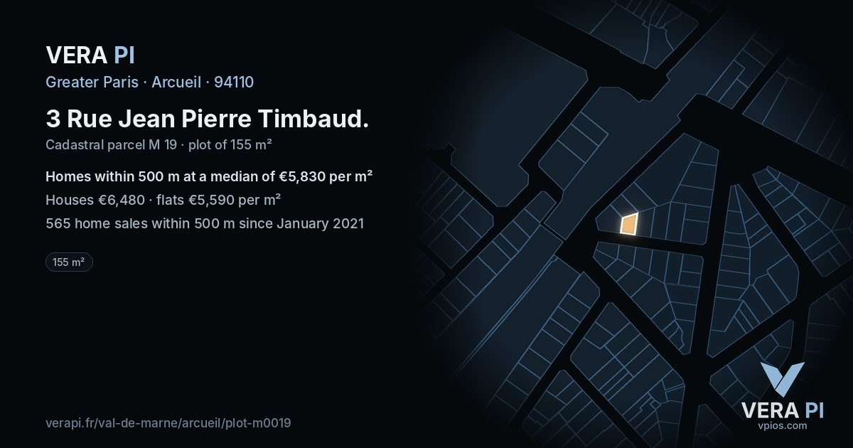 3 Rue Jean Pierre Timbaud, Arcueil at night – the plot lit, the parcels around coloured by the prices near them