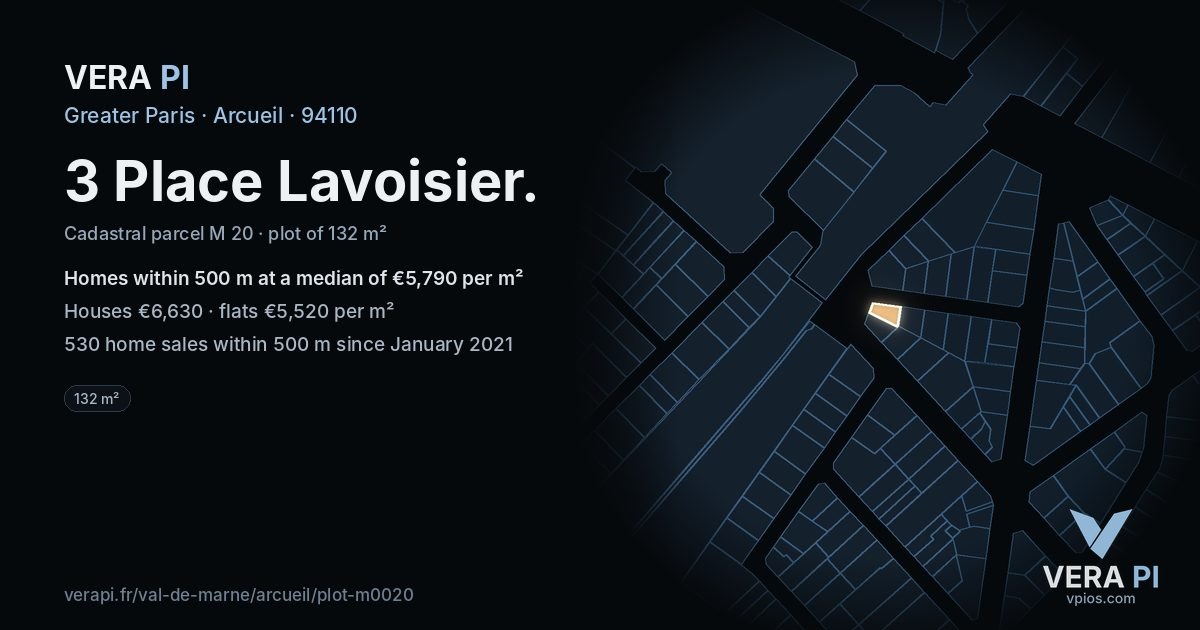 3 Place Lavoisier, Arcueil at night – the plot lit, the parcels around coloured by the prices near them