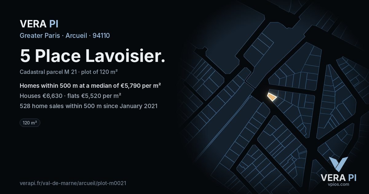5 Place Lavoisier, Arcueil at night – the plot lit, the parcels around coloured by the prices near them