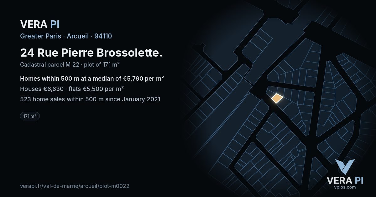 24 Rue Pierre Brossolette, Arcueil at night – the plot lit, the parcels around coloured by the prices near them