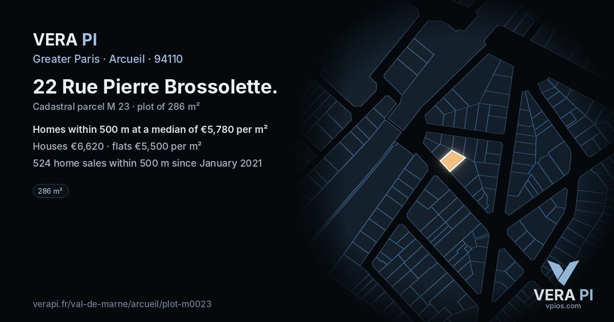 22 Rue Pierre Brossolette, Arcueil at night – the plot lit, the parcels around coloured by the prices near them
