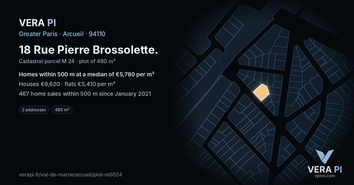 18 Rue Pierre Brossolette, Arcueil at night – the plot lit, the parcels around coloured by the prices near them