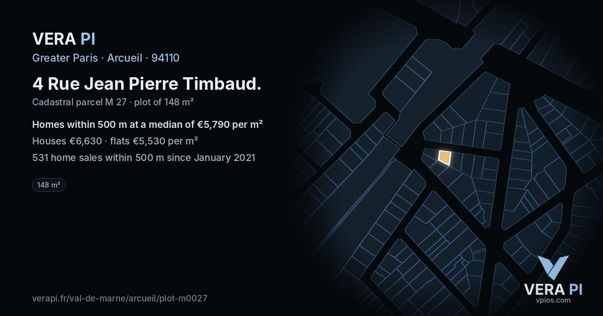 4 Rue Jean Pierre Timbaud, Arcueil at night – the plot lit, the parcels around coloured by the prices near them