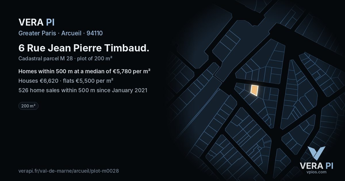 6 Rue Jean Pierre Timbaud, Arcueil at night – the plot lit, the parcels around coloured by the prices near them