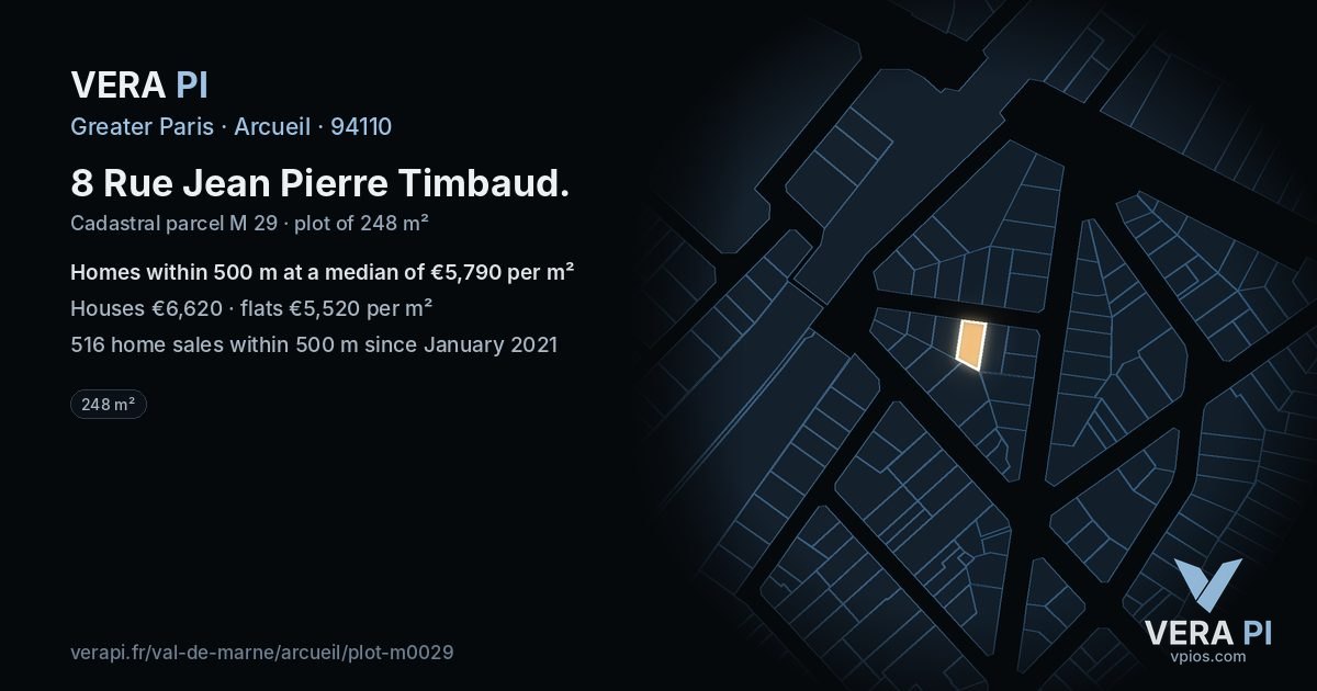 8 Rue Jean Pierre Timbaud, Arcueil at night – the plot lit, the parcels around coloured by the prices near them