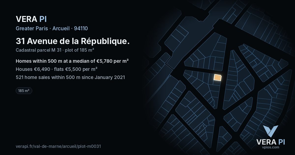 31 Avenue de la République, Arcueil at night – the plot lit, the parcels around coloured by the prices near them