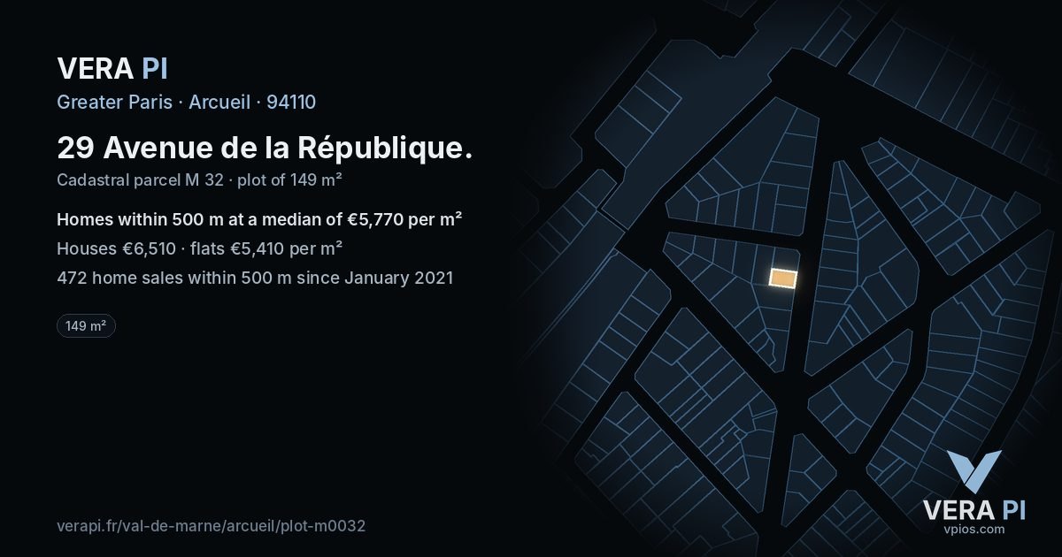 29 Avenue de la République, Arcueil at night – the plot lit, the parcels around coloured by the prices near them