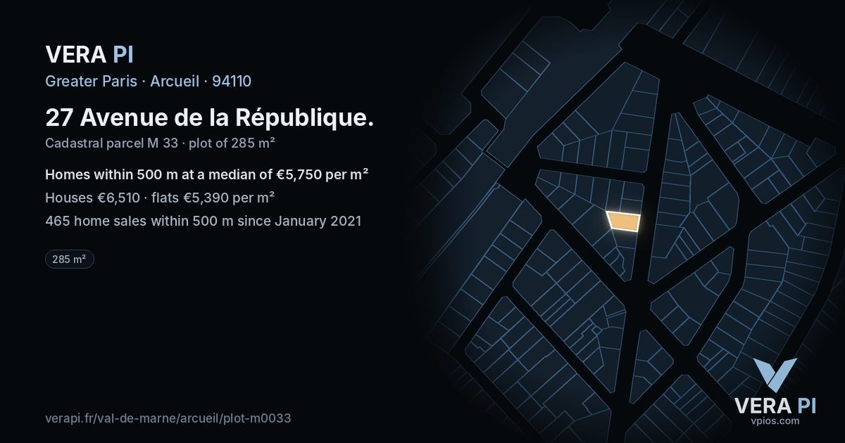 27 Avenue de la République, Arcueil at night – the plot lit, the parcels around coloured by the prices near them