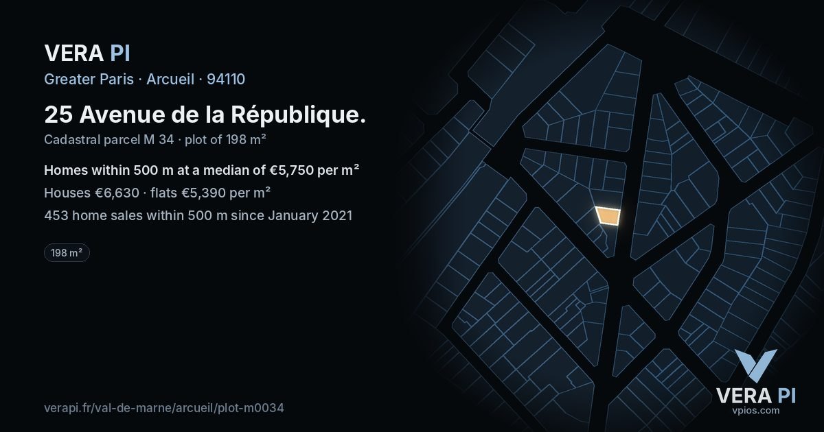 25 Avenue de la République, Arcueil at night – the plot lit, the parcels around coloured by the prices near them