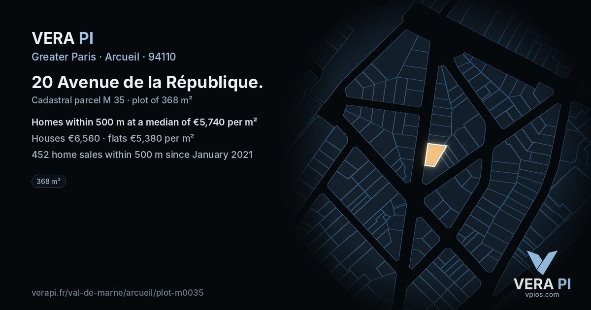 20 Avenue de la République, Arcueil at night – the plot lit, the parcels around coloured by the prices near them
