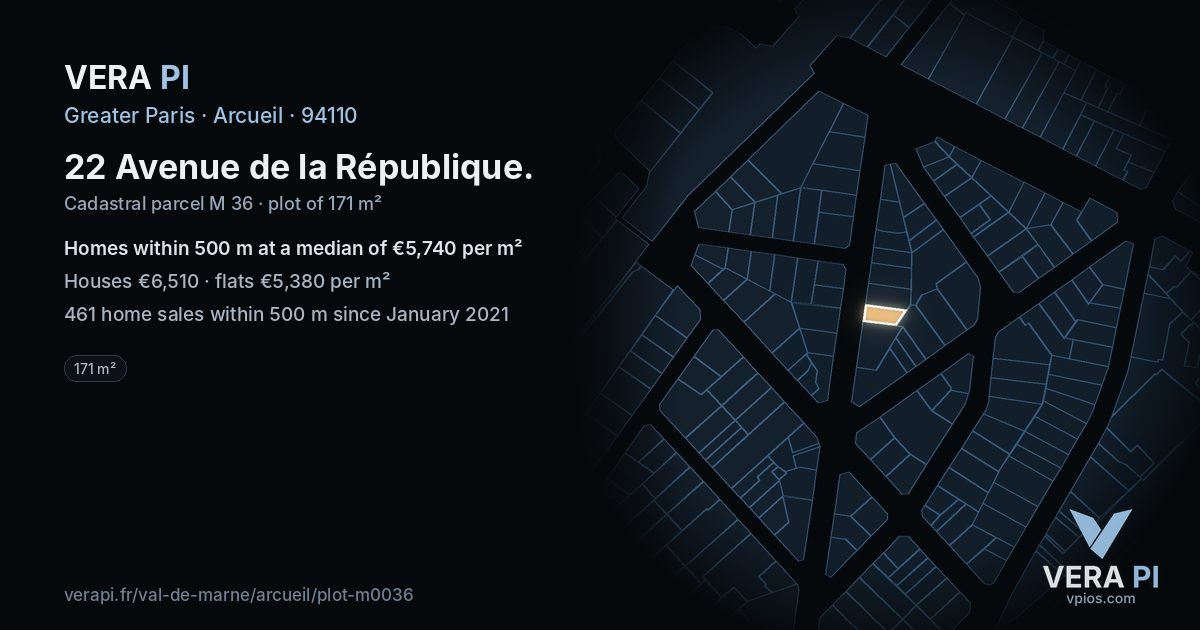22 Avenue de la République, Arcueil at night – the plot lit, the parcels around coloured by the prices near them