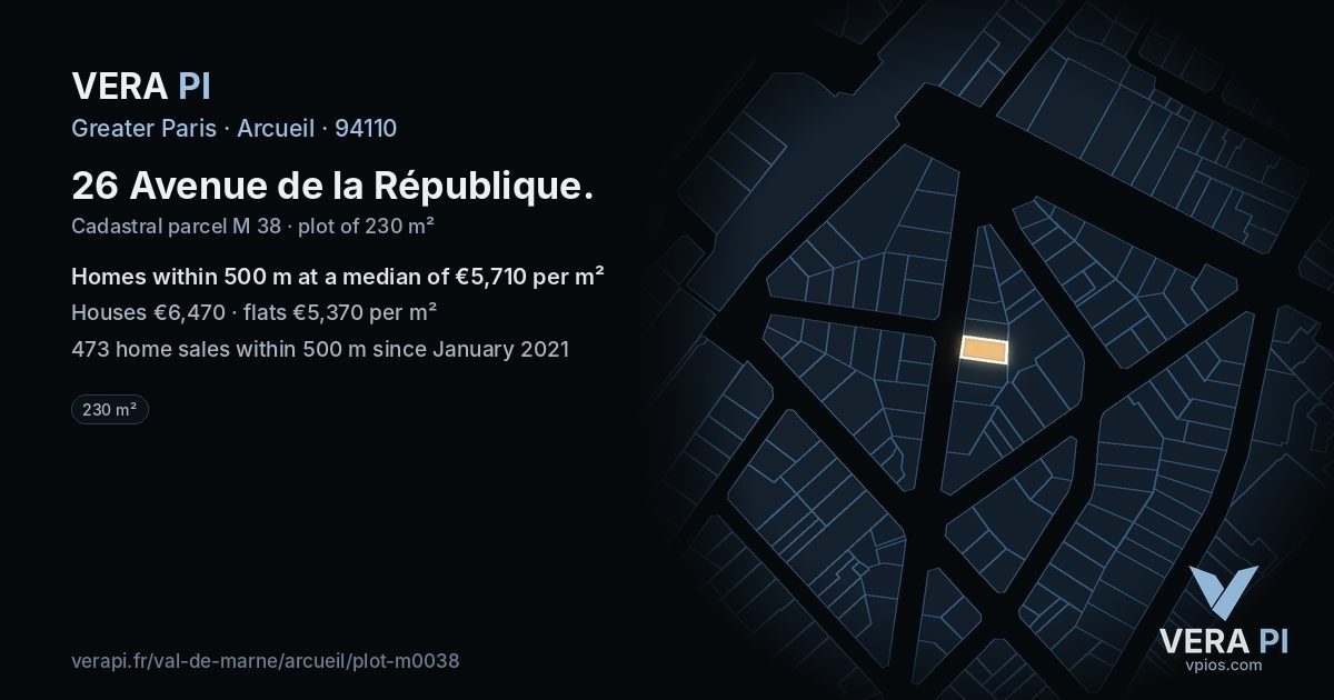 26 Avenue de la République, Arcueil at night – the plot lit, the parcels around coloured by the prices near them
