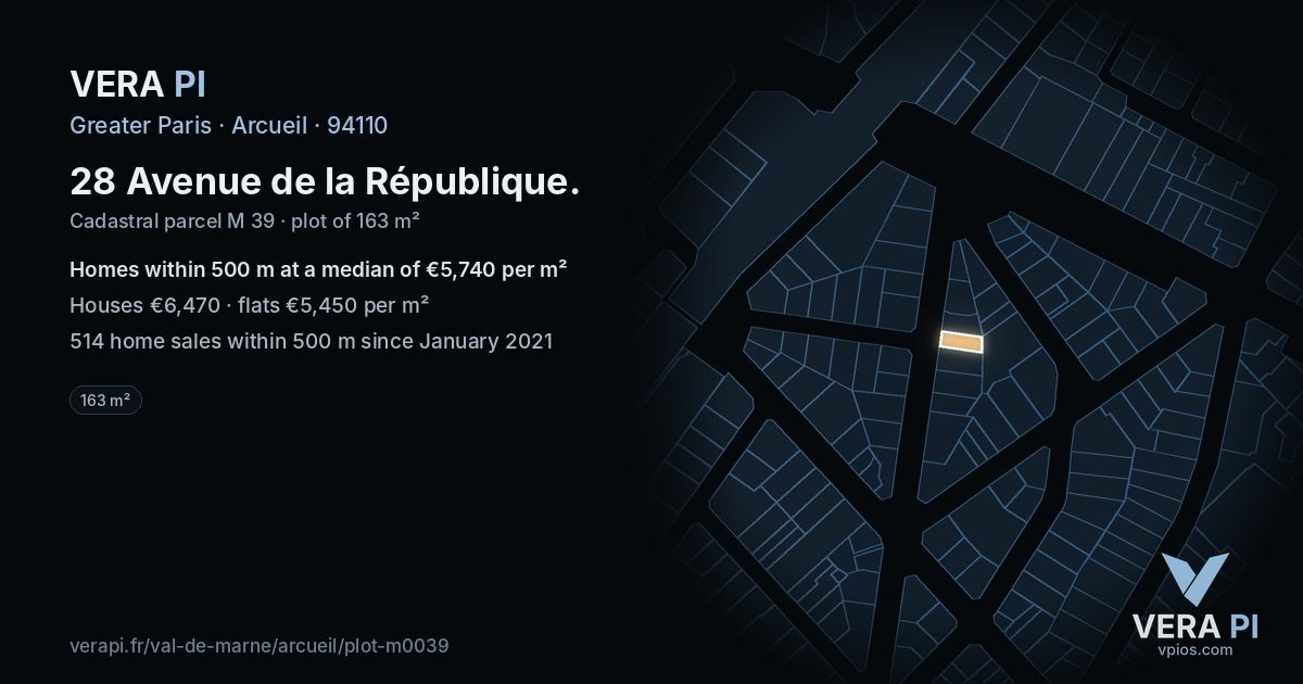 28 Avenue de la République, Arcueil at night – the plot lit, the parcels around coloured by the prices near them