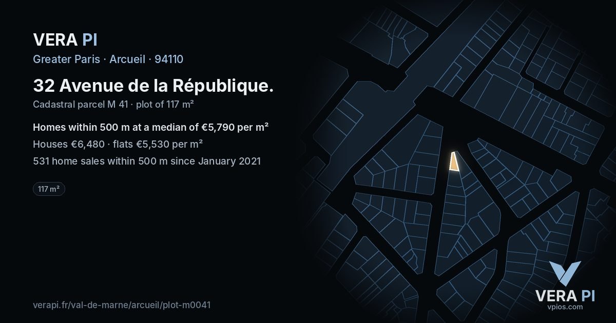 32 Avenue de la République, Arcueil at night – the plot lit, the parcels around coloured by the prices near them