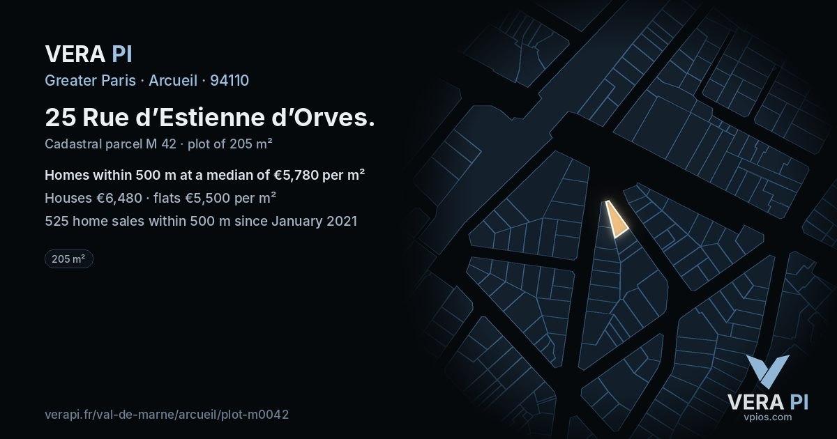 25 Rue d’Estienne d’Orves, Arcueil at night – the plot lit, the parcels around coloured by the prices near them
