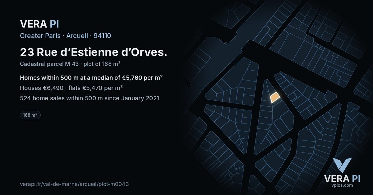 23 Rue d’Estienne d’Orves, Arcueil at night – the plot lit, the parcels around coloured by the prices near them